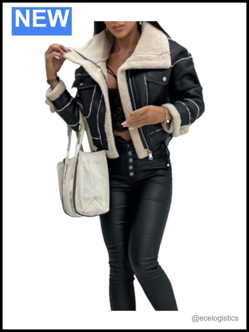 Faux Leather Moto Bomber Jacket Sherpa Lined Winter Coat
